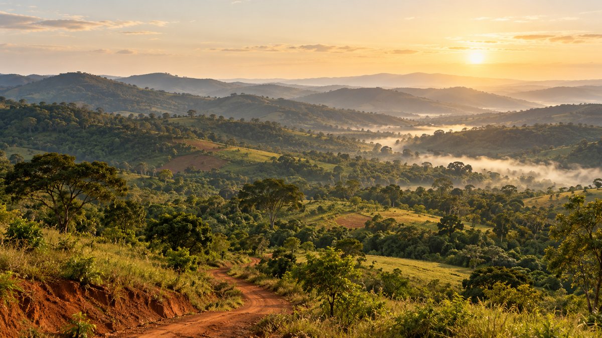 Colinas verdes e um caminho de terra vermelha à luz da manhã