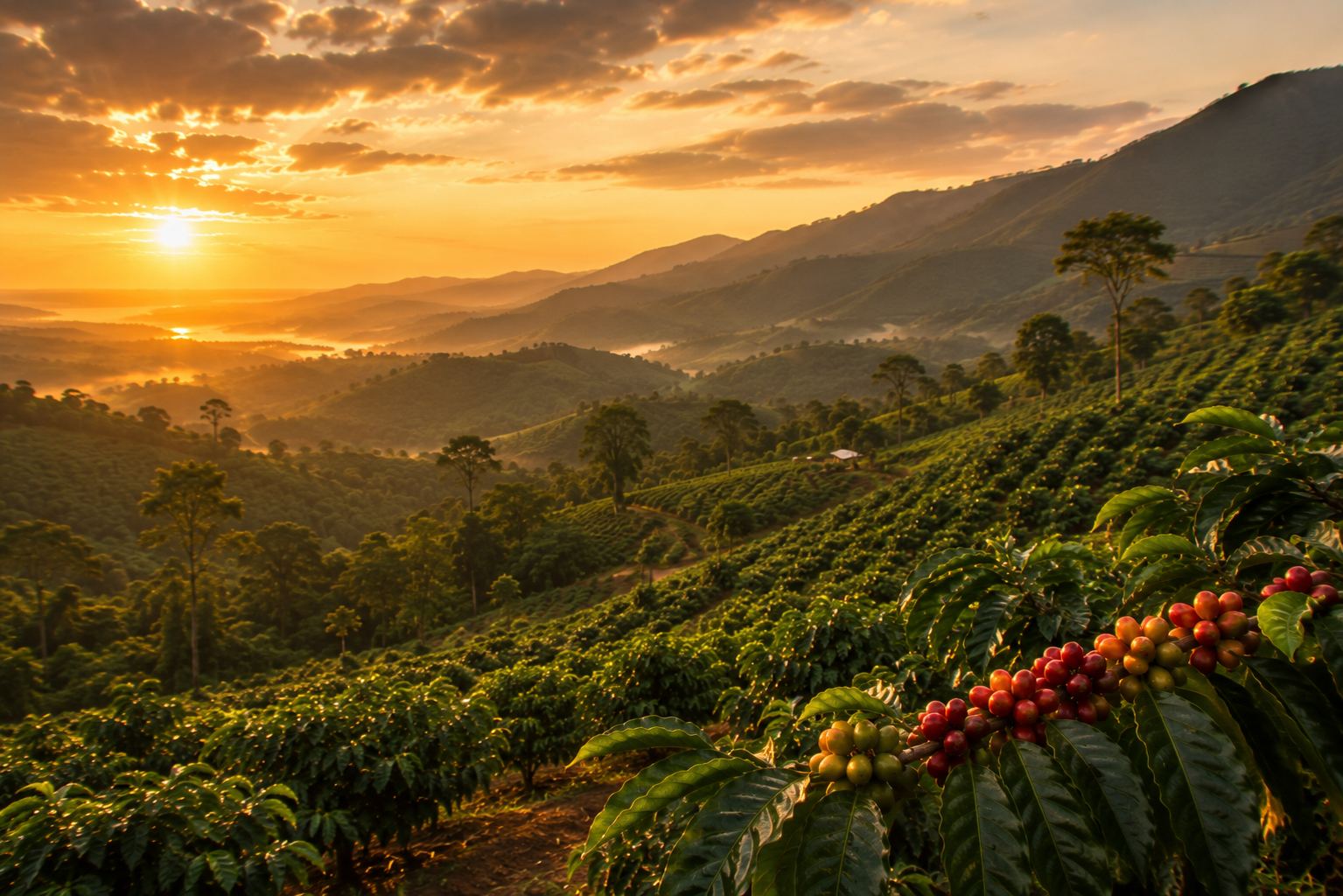 Koffieplanten in een heuvelachtig landschap bij zonsopgang